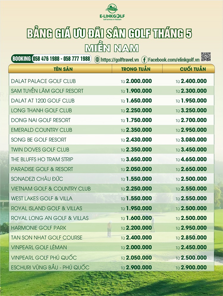 bảng giá sân golf miền nam tháng 5