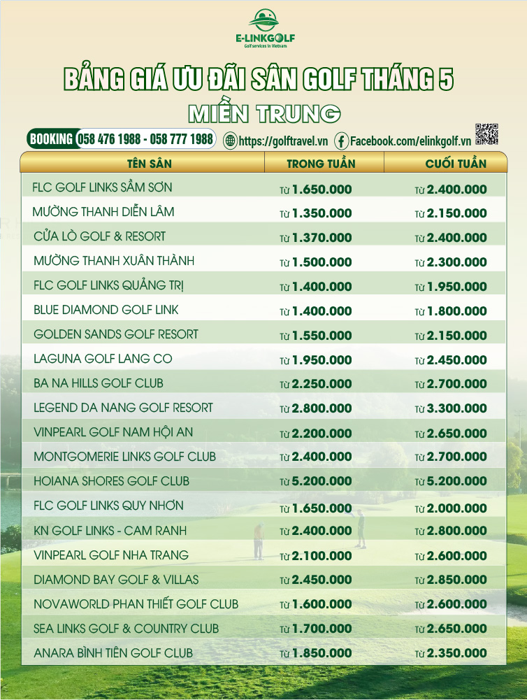 bảng giá sân golf miền trung tháng 5