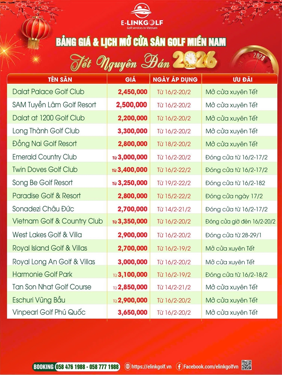 bảng giá tết 2026 sân golf miền nam