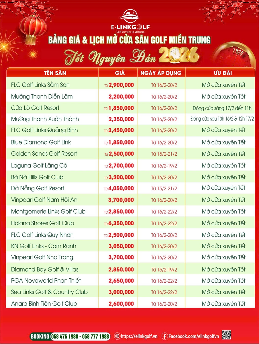 bảng giá tết 2026 san golf miền trung