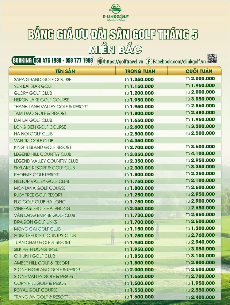 bảng giá sân golf miền bắc tháng 5