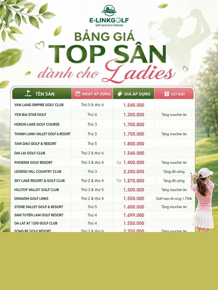 Bảng giá Top sân golf dành cho Ladies
